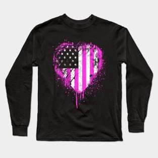 Pink Heart American Flag Long Sleeve T-Shirt